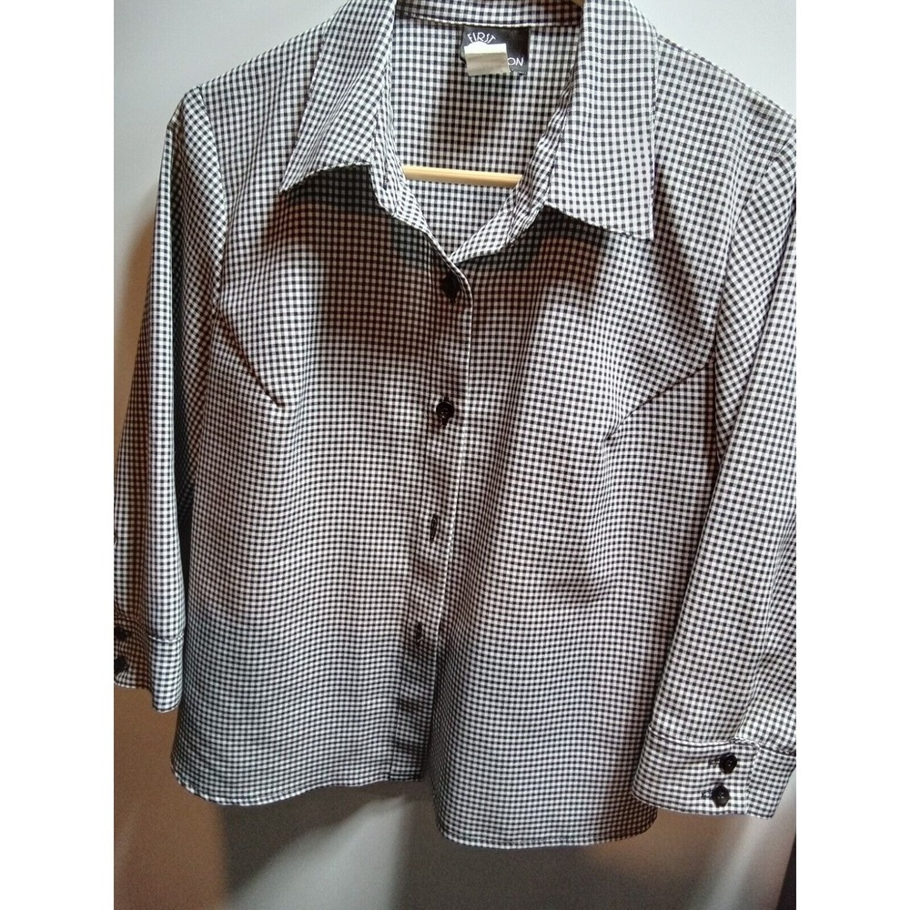 First Option Womens Gingham Check Shirt Black White Size 10‎ Long Sleeve